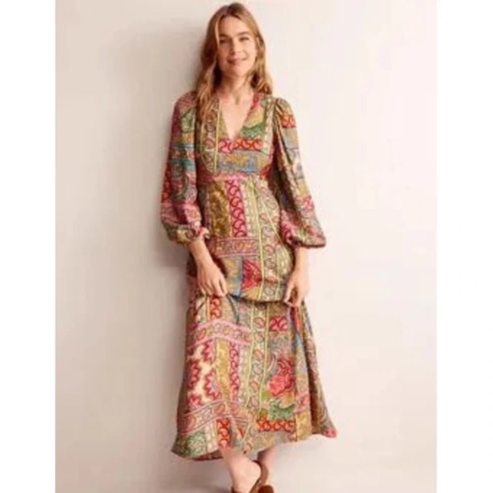 Boden Blouson Maxi Tea Dress Women 14 Pink Paisley Silk Blend‎ Flowy Cottagecore